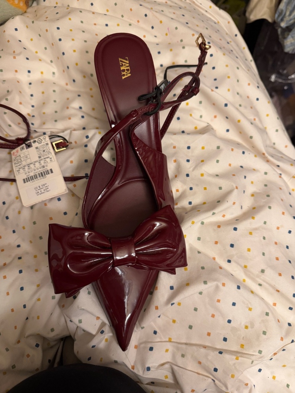 Zara Patent Burgundy Pointed Bow Slingback Flats - Picture 4 of 4